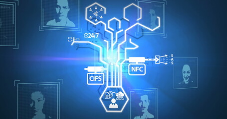 Digital interface displaying various icons and profiles on blue background