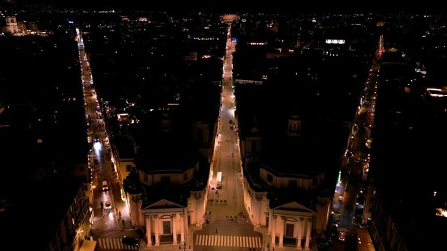 Backward Drone Shot Reveals Famous Piazza del Popolo. Flaminio Obelisk. Night