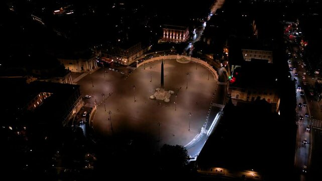 Drone Descends Above Piazza del Popolo. Famous Tourist Destination. Night. Rome, Italy.
