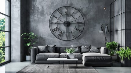 A modern wall clock that fits perfectly in a luxury apartment with a beautiful view. Large windows...