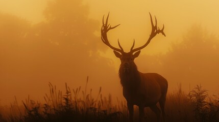 Silhouette of majestic red deer stag in misty forest setting

