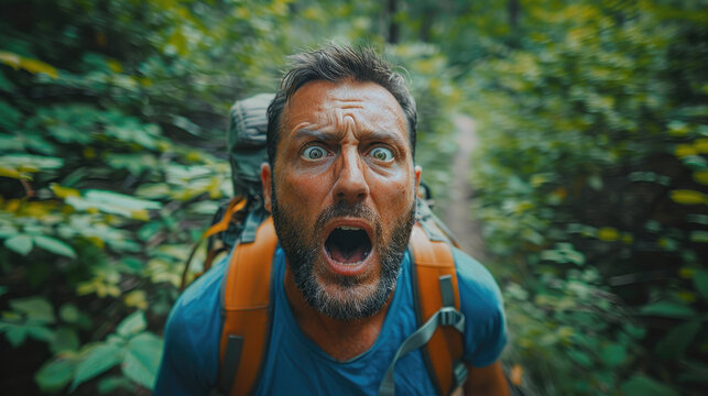 Scared man with backpack lost in a forest