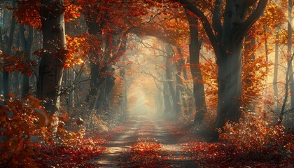 Fototapeta premium Photograph a forest pathway in autumn, with trees in vibrant shades of red, orange, and yellow. The path should be covered with fallen leaves, leading the view eye into the depth of the forest