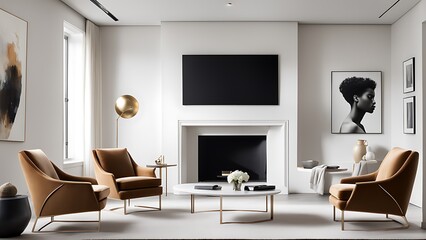  Mockup of a TV wall mounted with an armchair in the living room with a white wall design. 