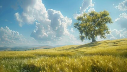 Obraz premium landscape of rolling hills covered in golden fields of wheat or grass swaying gently in the breeze under a clear blue sky with scattered fluffy clouds