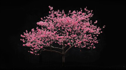 Pink cherry blossom tree against a black backdrop viewed from afar