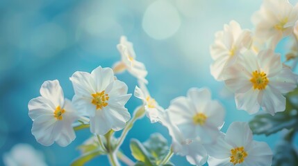 Spring forest white primroses on beautiful blue background macro - floral nature background with free space for text, romantic and gentle artistic image