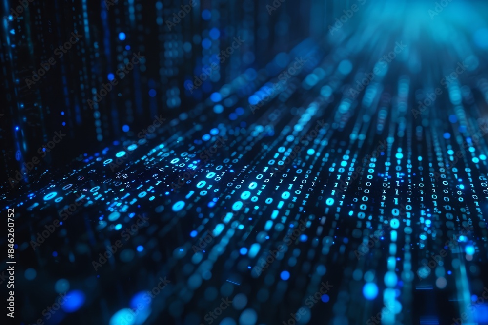 Aufkleber Digital data stream of blue numbers and code flowing in the dark space, abstract background for technology or digital information concept with binary number on black screen