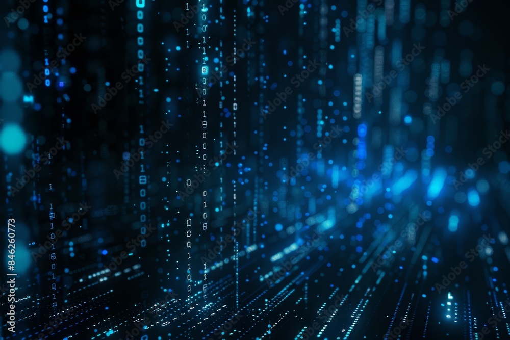 Aufkleber Digital data stream of blue numbers and code flowing in the dark space, abstract background for technology or digital information concept with binary number on black screen