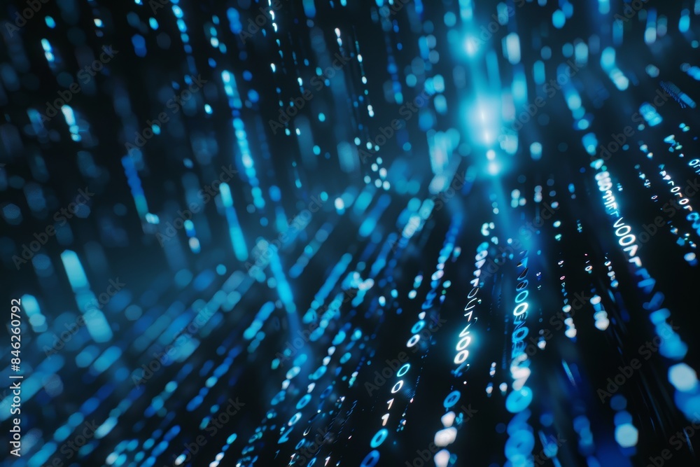 Poster Digital data stream of blue numbers and code flowing in the dark space, abstract background for technology or digital information concept with binary number on black screen