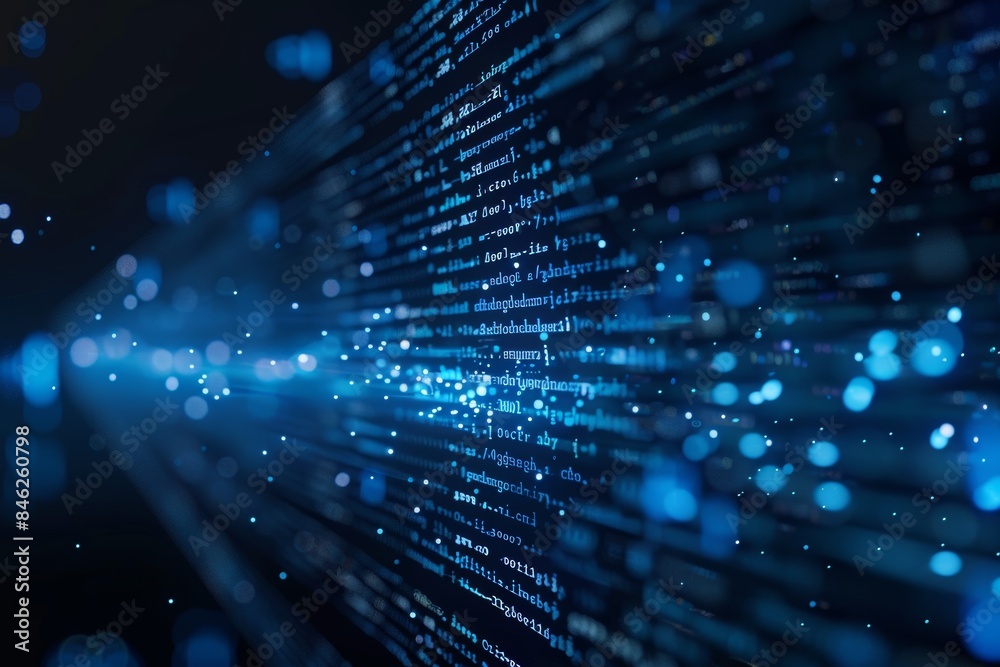 Poster Digital data stream of blue numbers and code flowing in the dark space, abstract background for technology or digital information concept with binary number on black screen