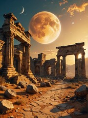 Fototapeta premium Ancient Ruins Under a Giant Moon.