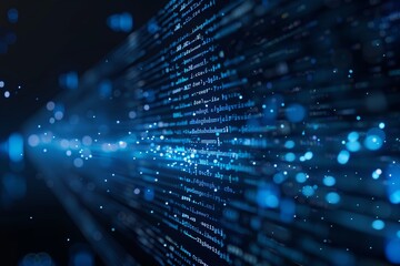 Digital data stream of blue numbers and code flowing in the dark space, abstract background for technology or digital information concept with binary number on black screen