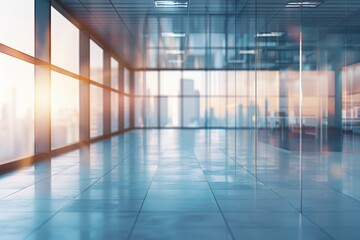 Blurred modern office interior with glass walls and panoramic windows, creating an open space concept background. Blurry business room for presentation or meeting in a corporate 
