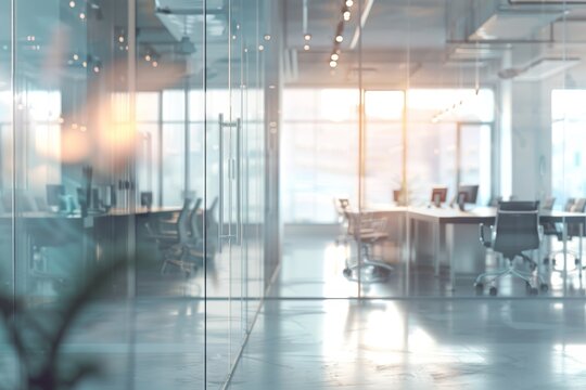 Blurred modern office interior with glass walls and panoramic windows, creating an open space concept background. Blurry business room for presentation or meeting in a corporate 