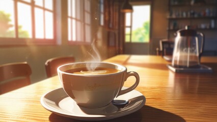 Morning coffee bliss in sunlit cafe