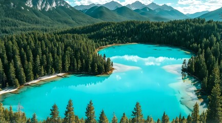 Aerial view of a pristine, turquoise lake surrounded by dense pine forests, mountains visible in the distance. 2 - Powered by Adobe