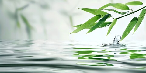 elegant background banner with green bamboo leaf on white clear water wave 