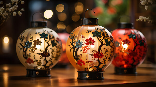 Three vibrant lanterns on a table, adding a touch of color and warmth to the surroundings.