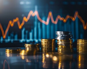 Stacks of gold coins against a financial graph with upward trends, representing investment growth.