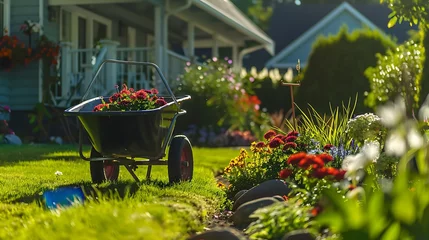 Wanddecoratie Nagelstudio Wheelbarrow standing on a neat manicured green lawn alongside a flowerbed while planting a celosia flower garden around a house  © AI Stock House