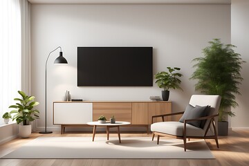  Mockup of a TV wall mounted with an armchair in the living room with a white wall design. 