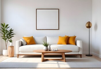 Interior living room with sofa and photo frame. 3D rendering