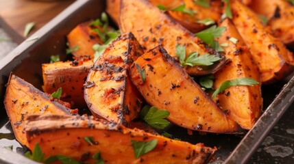 Roasted sweet potato wedges coated in a flavorful jerk seasoning perfect for sharing.