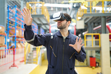 Engineer or technician wearing virtual reality glasses(VR) at train station construction site