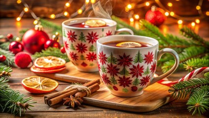 Cozy Christmas Cheer With Steaming Hot Drinks In Festive Mugs, Perfect For Warming Up Winter Nights.