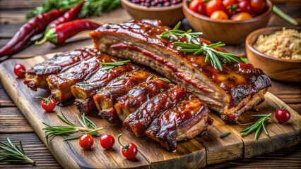 A Symphony Of Smoky, Tender Pork Ribs Glistening With Bbq Sauce, A Culinary Masterpiece Captured In Mouthwatering Detail.