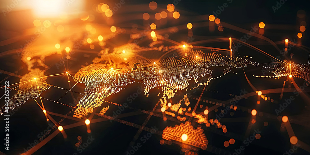 Wall mural digital technology connect banner. world map with net. concept of information.