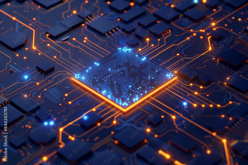 Poster a circuit board with orange and blue glowing lines and numbers floating above it.