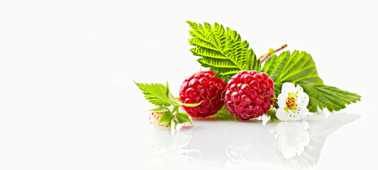 Ripe raspberries isolated on white background. Summer food concept. panorama