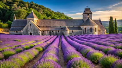 A Verdant Expanse Of Lavender Blooms, A Symphony Of Purple Hues Stretching Towards A Quaint Abbey Nestled Amidst Rolling Countryside.