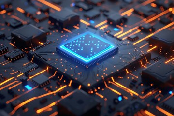 a circuit board with orange and blue glowing lines and numbers floating above it.