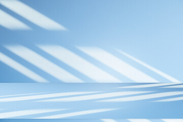 Empty studio interior background and backdrop and product display stand with shadow white and blue on blank text background for inserting text.	