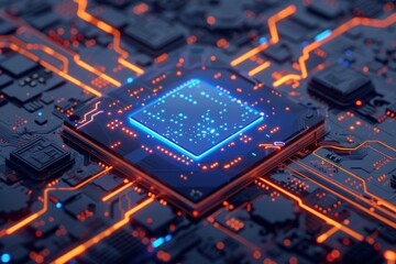a circuit board with orange and blue glowing lines and numbers floating above it.