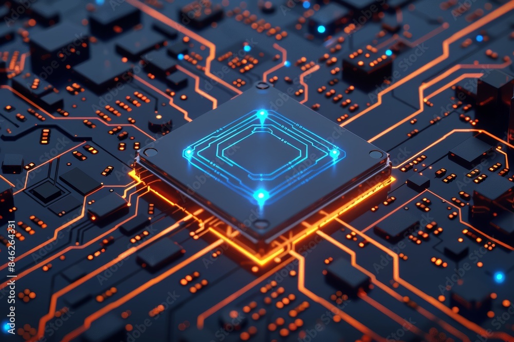 Aufkleber a circuit board with orange and blue glowing lines and numbers floating above it.