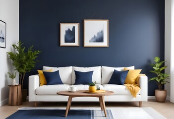 Interior living room with sofa and photo frame. 3D rendering