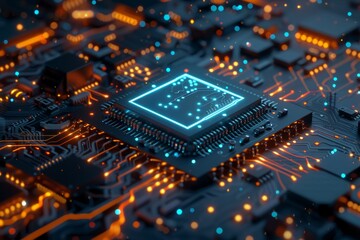 a circuit board with orange and blue glowing lines and numbers floating above it.