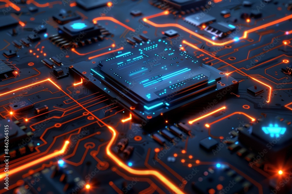 Poster a circuit board with orange and blue glowing lines and numbers floating above it.