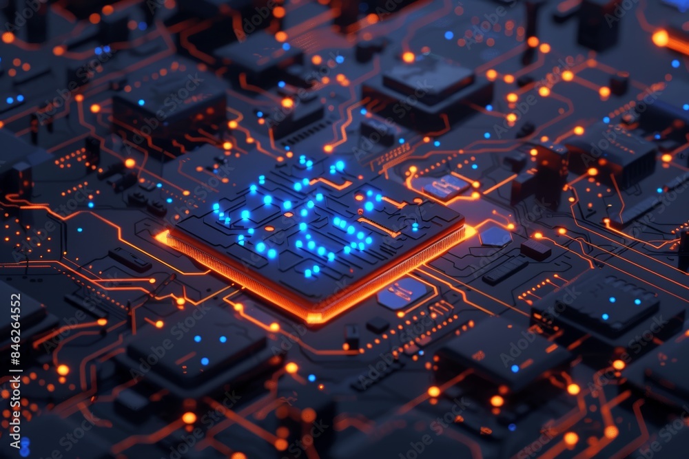Poster a circuit board with orange and blue glowing lines and numbers floating above it.
