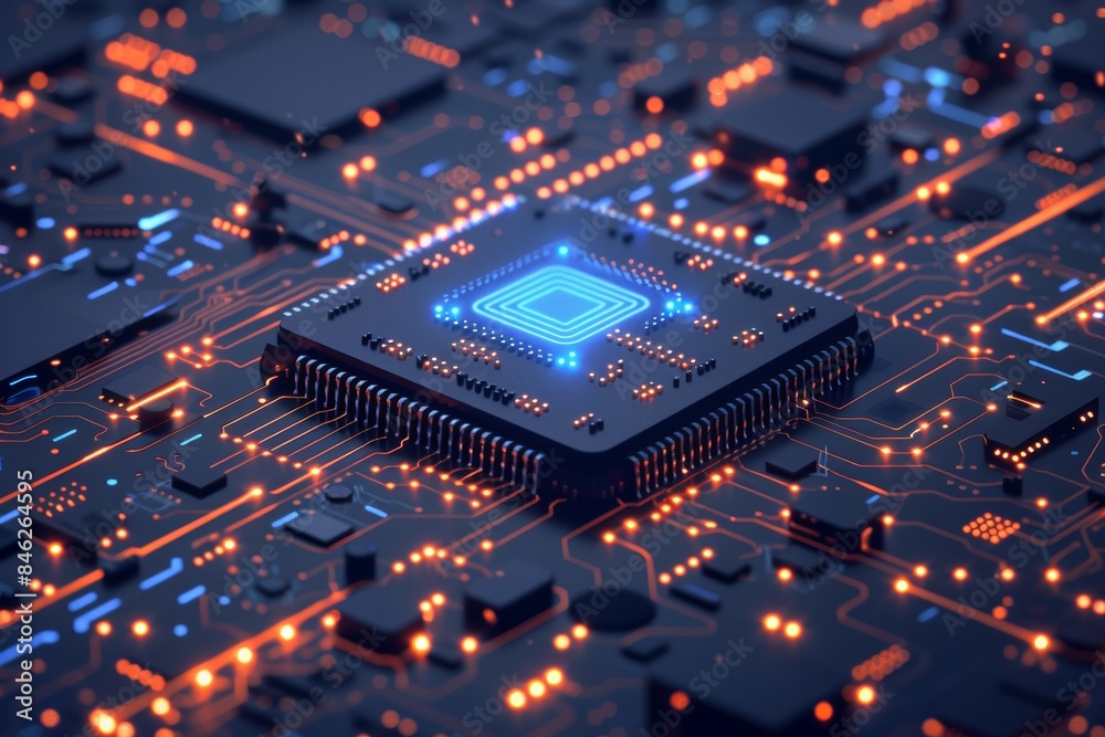 Poster a circuit board with orange and blue glowing lines and numbers floating above it.
