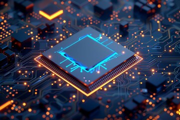 a circuit board with orange and blue glowing lines and numbers floating above it.