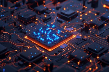 a circuit board with orange and blue glowing lines and numbers floating above it.