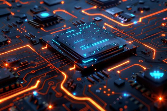 a circuit board with orange and blue glowing lines and numbers floating above it. - Powered by Adobe