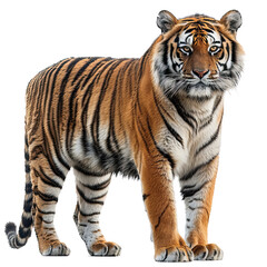 Obraz premium A majestic Bengal Tiger standing proudly, showcasing its striped fur and powerful build in full view, demonstrating its regal presence. isolated on white background. 
