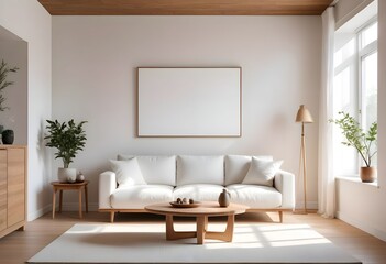 Interior living room with sofa and photo frame. 3D rendering