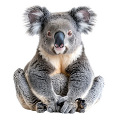 Naklejka premium Cute koala sitting and staring forward with its fluffy ears and grey fur, isolated on a white background.